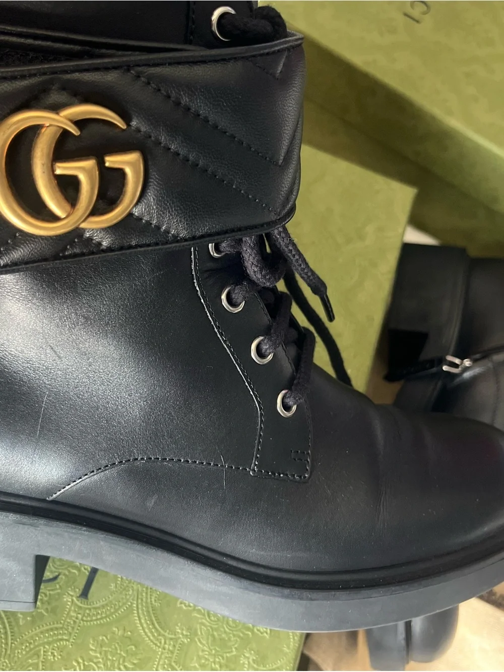 Gucci Black Leather Ankle Combat Boots with Gold Double-G Strap